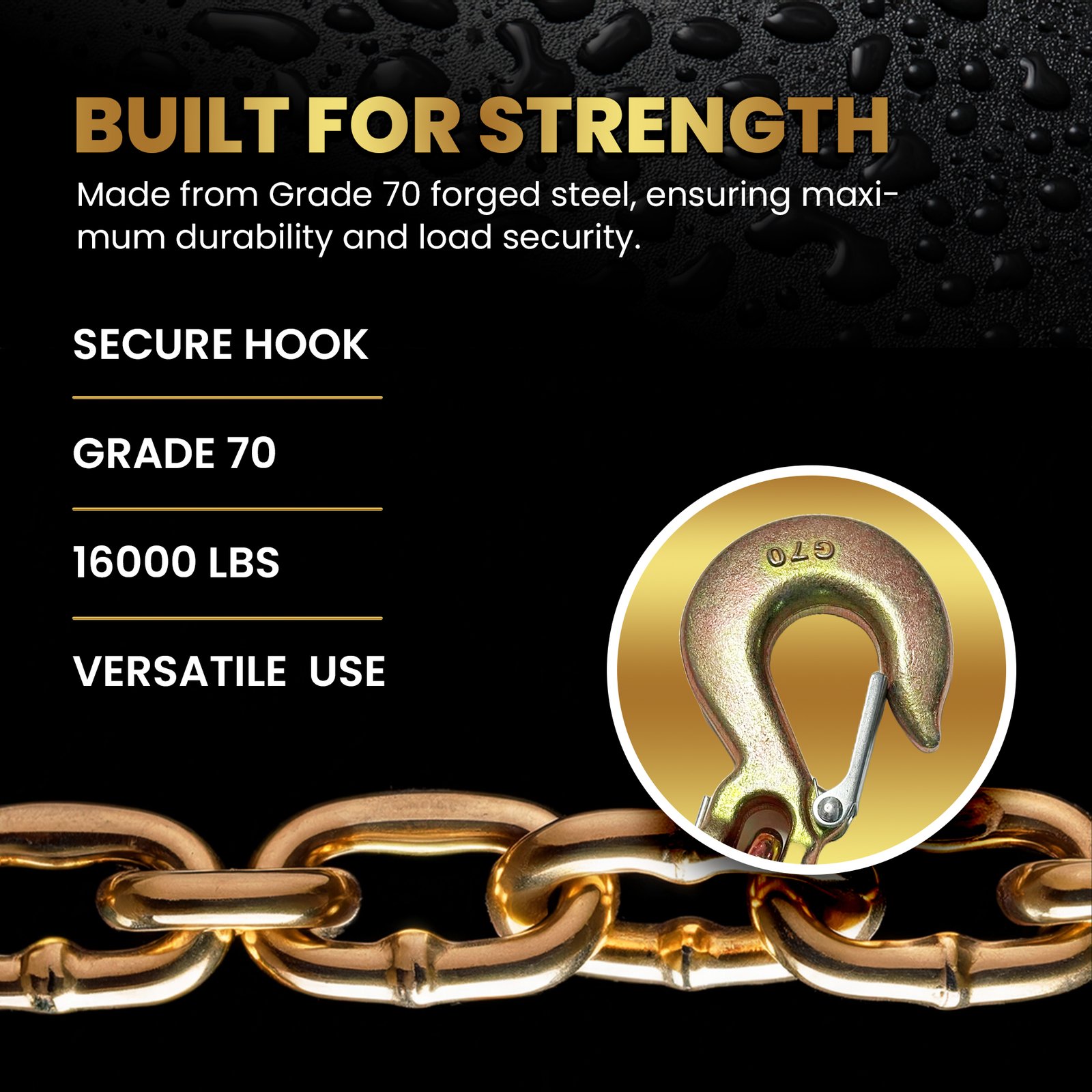 Rizz Man Heavy-Duty Trailer Safety Chains with Grade 70 Forged Steel Hook – Zinc-Plated – Corrosion & Weather Resistant, Secure Safety Latch Lock (16000 lb Capacity) - Image 3